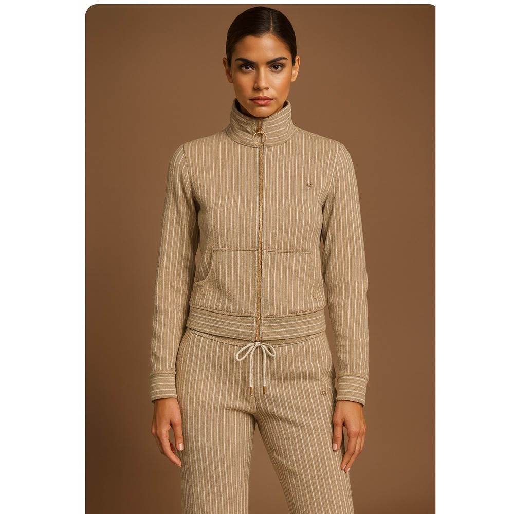 Escada Sport Gold Metallic Striped Tracksuit Set Beige Luxe Athleisure Size M EU